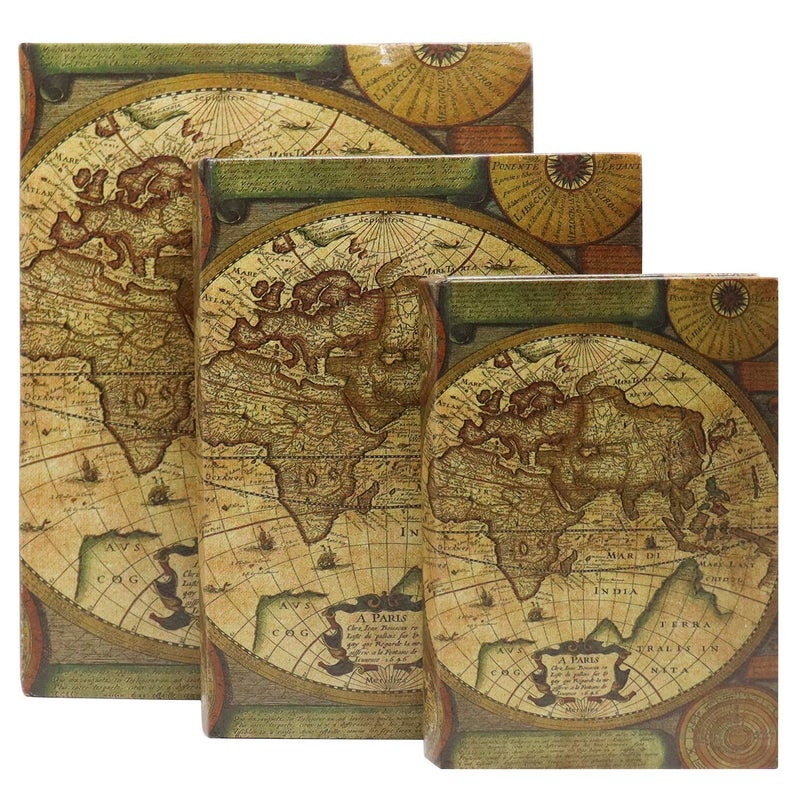 Jolitac Decorative Book Boxes World Map Pattern Antique Book Invisible box with Magnetic cover, Faux Wood Set of 3 Storage Set (Map) - Image 2